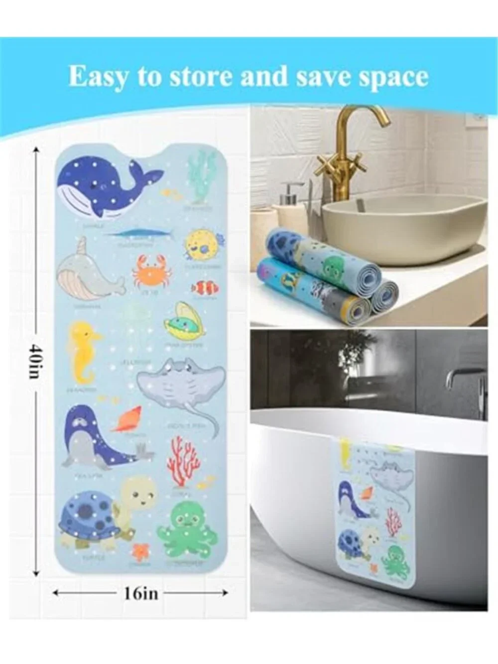 Kids Bath Mat Non Slip Bathtub Mat Toddler Baby Suction Cup Sea Animals Blue